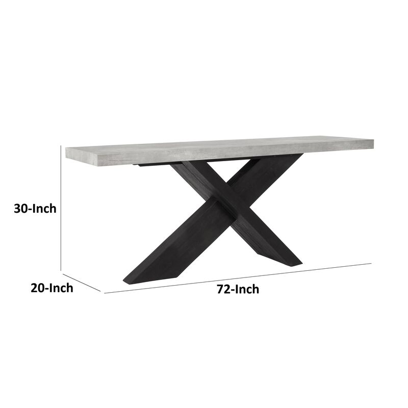Ren 72 Inch Console Table, Rectangular Top Cross Base, Gray, Black Concrete - Benzara