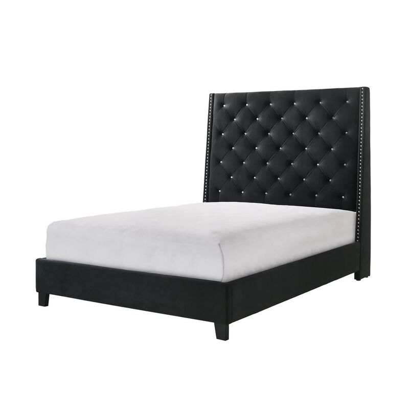 Benjara Maze King Size Bed, Button Tufted, Nailhead Trim, Black Fabric Upholstery