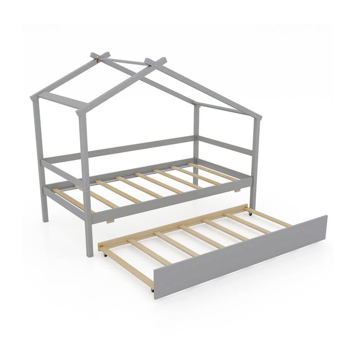 Kids Twin Size House Bed with Trundle and Roof Fun and Functional Sleep Space