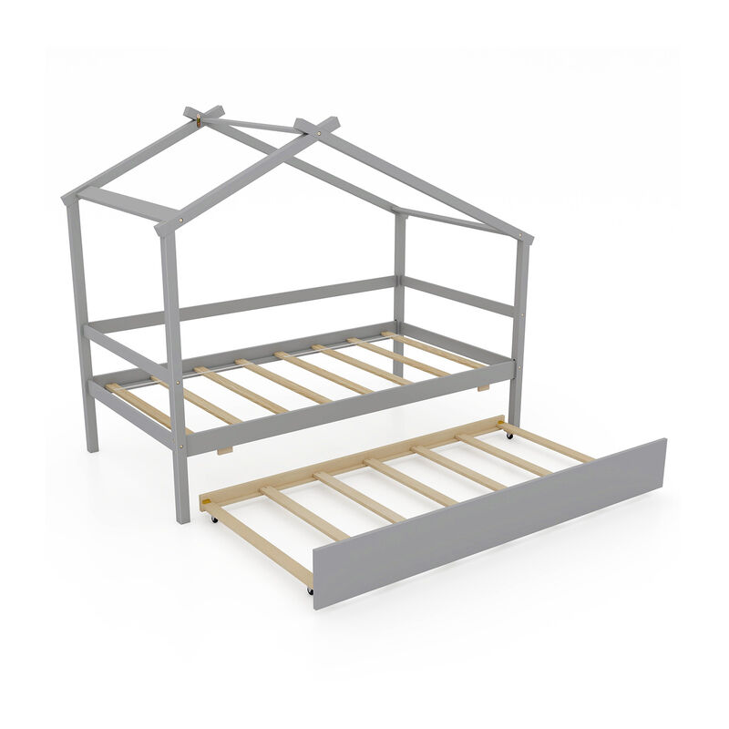 Kids Twin Size House Bed with Trundle and Roof Fun and Functional Sleep Space