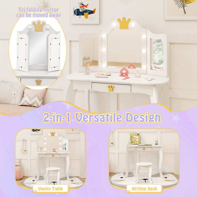 Kids Vanity Set with Tri-fold Lighted Mirror Detachable Top and Stool