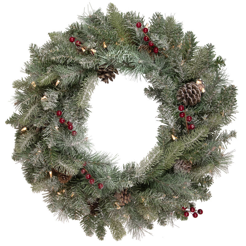 Pre-Lit Snowy Waterloo Pine Artificial Christmas Wreath - 24-Inch  Clear Lights