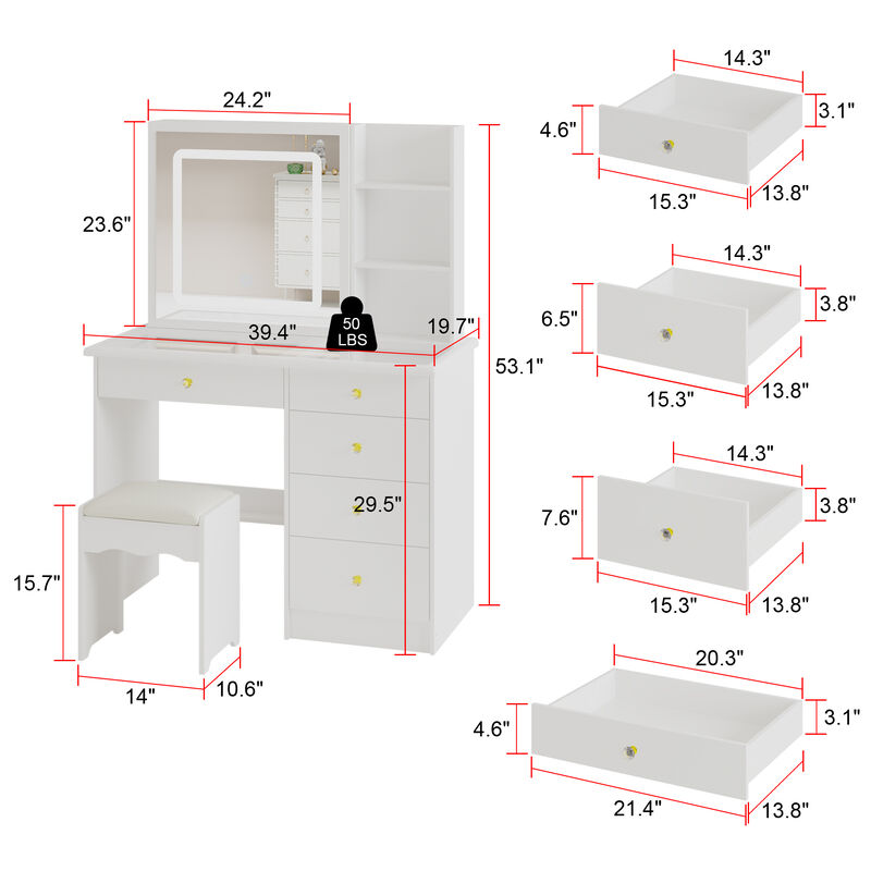 White Wood 39.4 in. W Large Glass Top Table Dresser Dressing Desk with LED Dimmable Mirror, 5-Drawers, Hidden shelves
