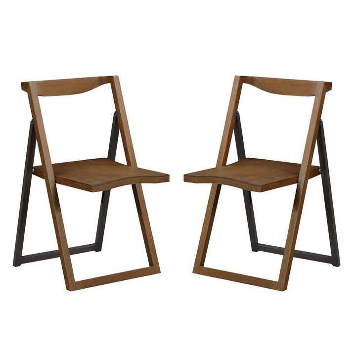 Curved Trim Panel Back Foldable Chair, Set of 2, Brown-Benzara