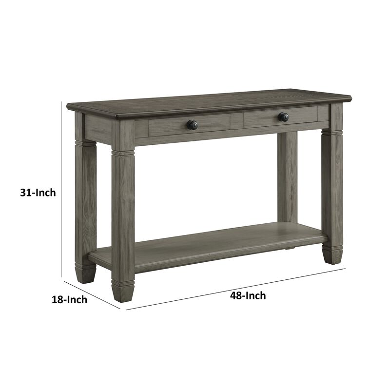Rome 48 Inch Sofa Table, Rectangular, 2 Drawers, Brown, Gray, Solid Wood - Benzara