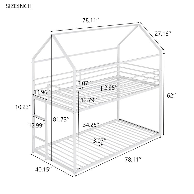 Bunk Beds For Kids Twin Over Twin, House Bunk Bed Metal Bed Frame Built-In Ladder