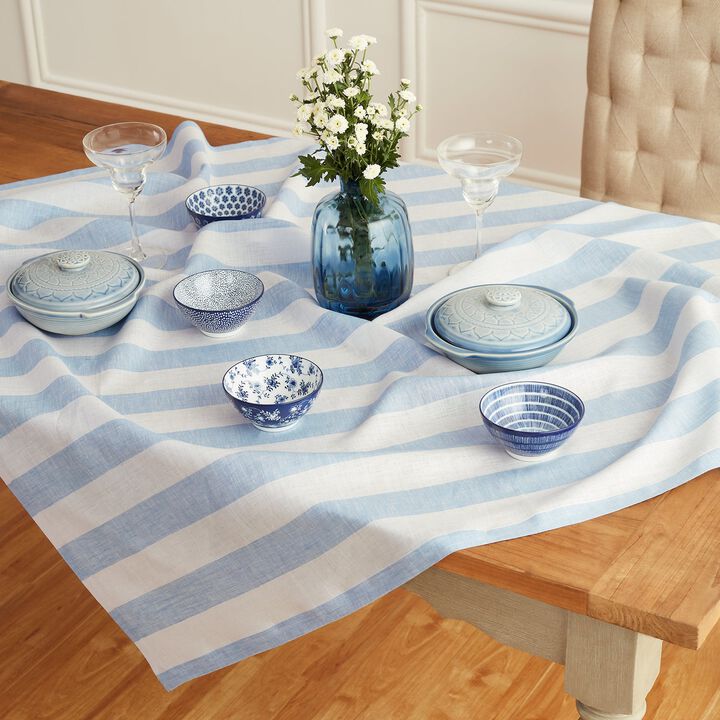 Solino Home 100% Pure Linen Table Throw 52 x 52 Inch | Cabana Stripe for Thanksgiving, Christmas