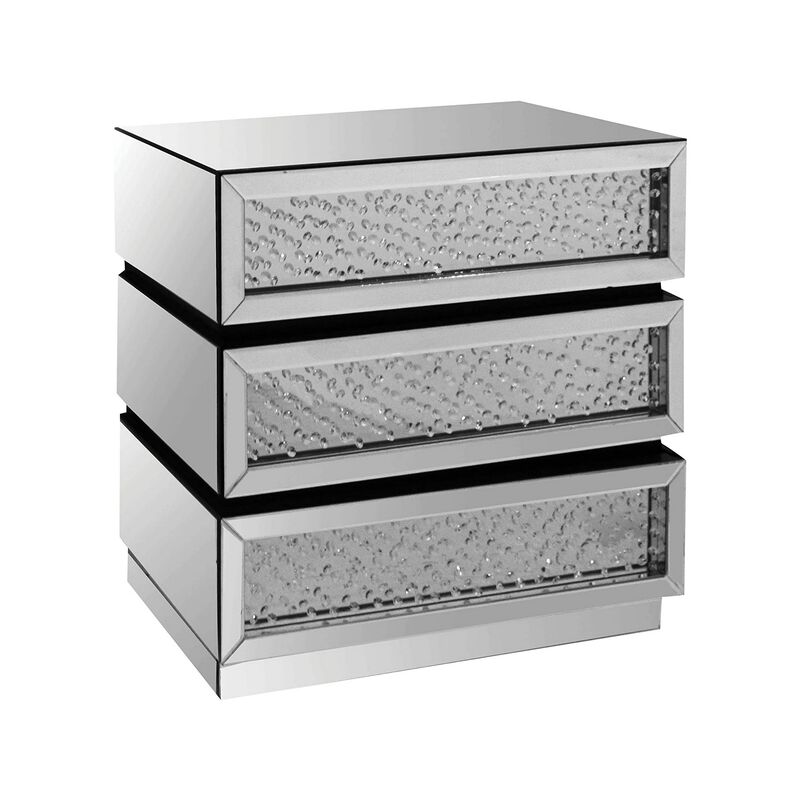 Pali 32 Inch Modern Nightstand Dresser Table, Faux Crystals, Mirror, Silver-Benzara