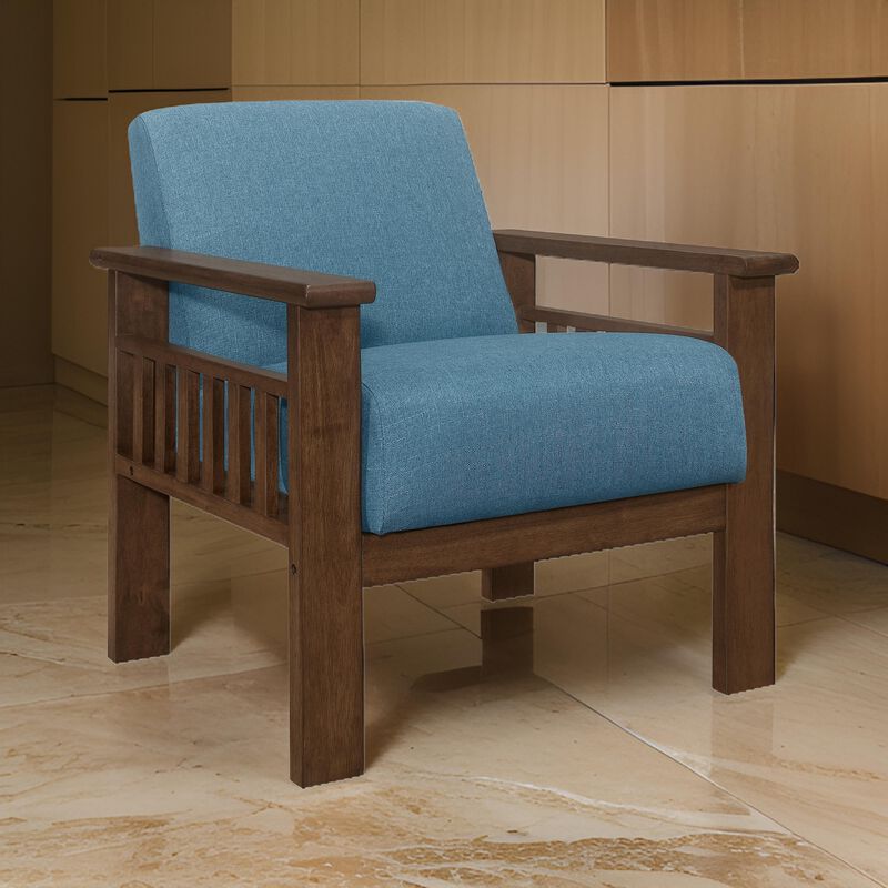 Bella 32 Inch Accent Chair Armchair, Storage Arms, Blue, Solid Rubberwood - Benzara
