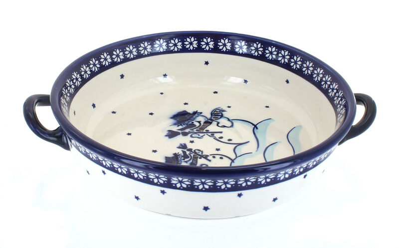 Blue Rose Polish Pottery Mosaic Flower Round Casserole with Handles