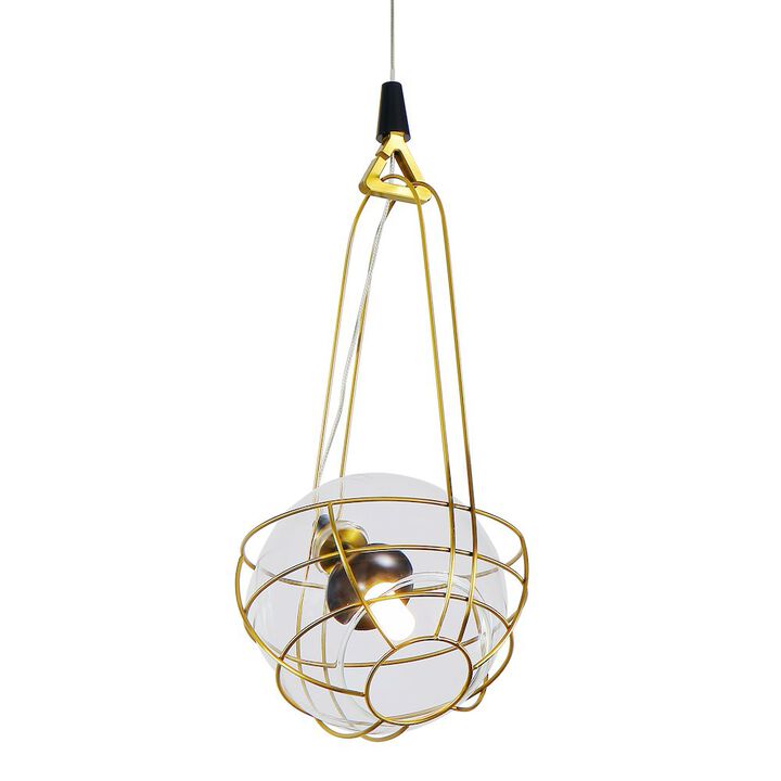 VONN Lighting Integrated LED Height Adjustable Pendant Light with Glass Shade in Antique Brass
