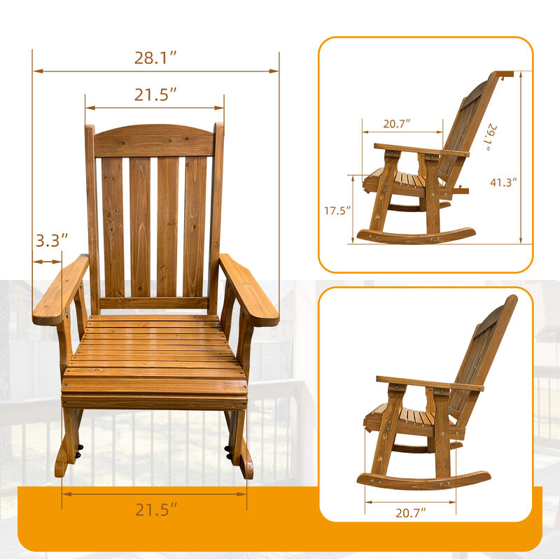 Wooden Rocking Chair with Comfortable Backrest Inclination, High Backrest and Deep Contoured Seat, Solid Fir Wood, Heavy Duty 600 LBS, for Both Outdoor and Indoor, Backyard, Porch and Patio