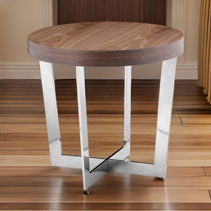Tini 24 Inch Side End Table, Round Shaped Top, Metal Frame, Walnut Brown - Benzara
