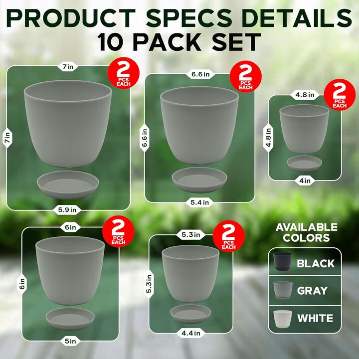 Campior Plastic Plant Pots with Drainage - Home Decor Flower Pot, Stackable Design for Indoor and Outdoor Use, Lightweight and Sturdy, Space-Saving, (7”, 6.6”, 6”, 5.3”, 4.8” Inches), Pack of 10, Gray