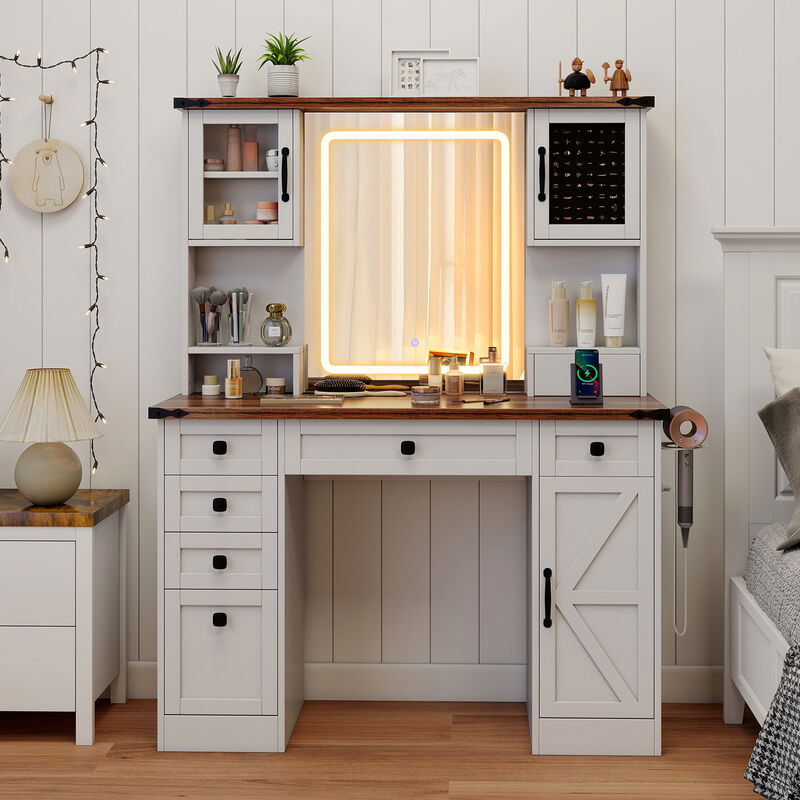 Farmhouse Vanity Desk with Lighted Mirror and 3 Doors
