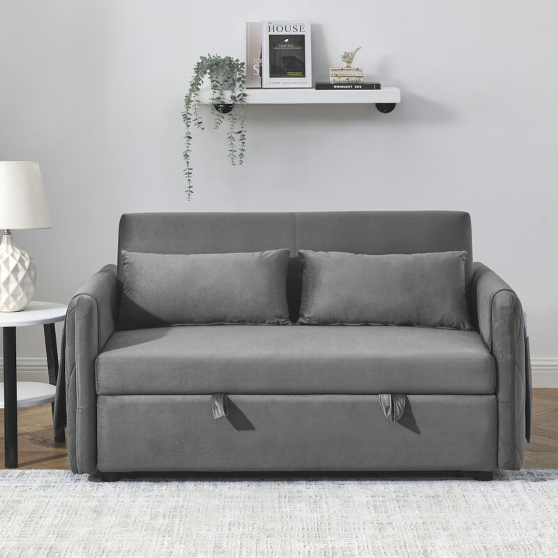 55" Modern Convertible Sofa Bed With 2 Detachable Arm Pockets, Velvet Loveseat Sofa With Pull Out