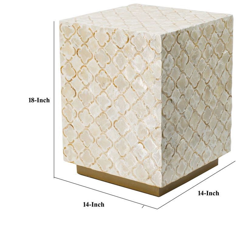 18 Inch Accent Side End Table Stool, Square, Cream Capiz, Gold Base - Benzara