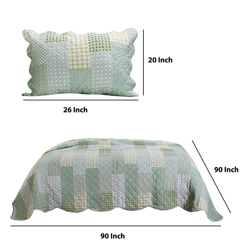 Reversible Fabric Queen Size Quilt Set with Geometric Pattern Motifs,Green - Benzara