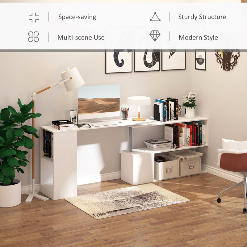 White Versatile Office: 55" 360° Rotating L-Shaped Desk with Storage