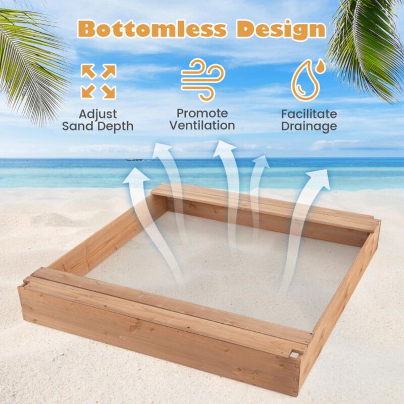 Hivvago 49 x 48 Inch Kids Wooden Sandbox with Cover and 2 Bench Seats