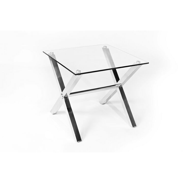 Tia 24 Inch Side End Table, Square Tempered Glass Top, X Shape Steel Legs  - Benzara