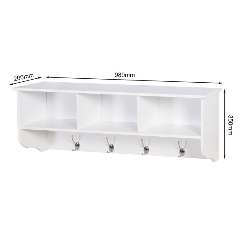 White Entryway Wall Mounted Coat Rack With 4 Dual Hooks Living Room Wooden Storage Shelf