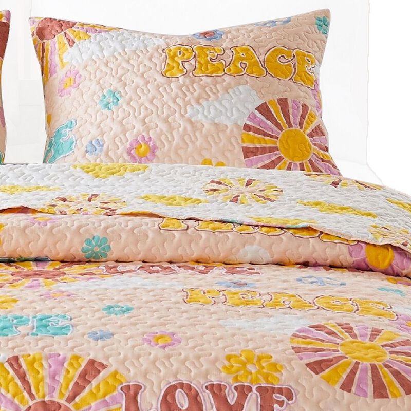 Berlin 3 Piece Microfiber Rainbows and Clouds Print Queen Quilt Set, Beige - Benzara
