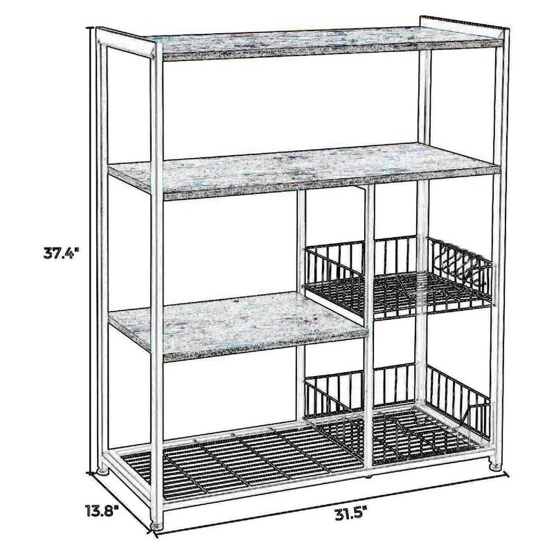 2 Mesh Basket and 6 Hooks Wood and Metal Frame Bakers Rack, Brown and Black - Benzara