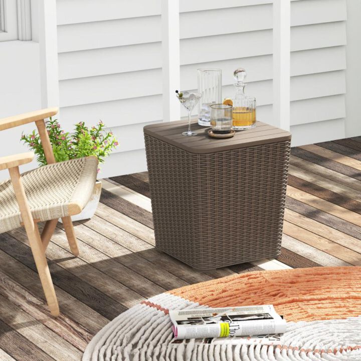 Hivvago Outdoor Resin Storage Side Table with Removable Lid and Wicker-woven Accent