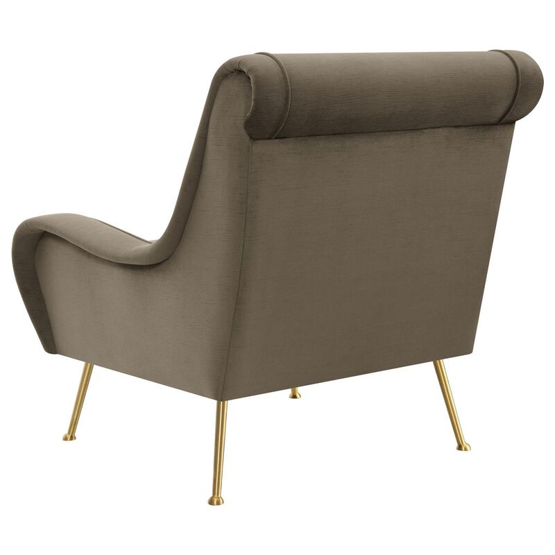 Rik 31 Inch Accent Armchair, Metal Legs, Velvet, Truffle Brown and Gold - Benzara