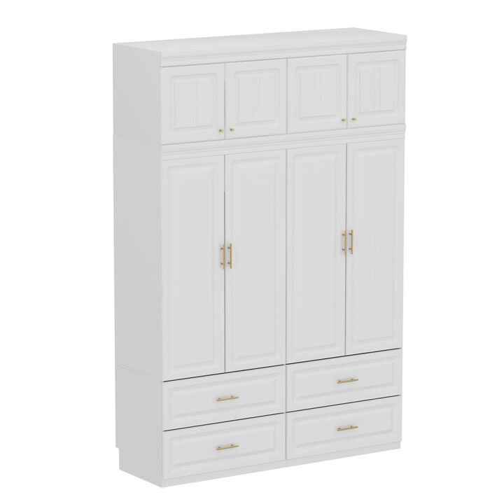 FUFU&GAGA 8-Door Wardrobe Closet with 4 Drawers, Cube Storage, and Hanging Rod - Coastal Style White Armoire Wardrobe Cabinet