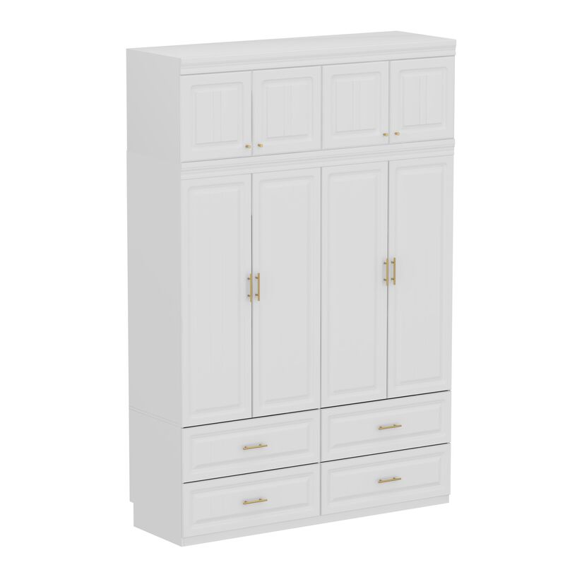 FUFU&GAGA 8-Door Wardrobe Closet with 4 Drawers, Cube Storage, and Hanging Rod - Coastal Style White Armoire Wardrobe Cabinet