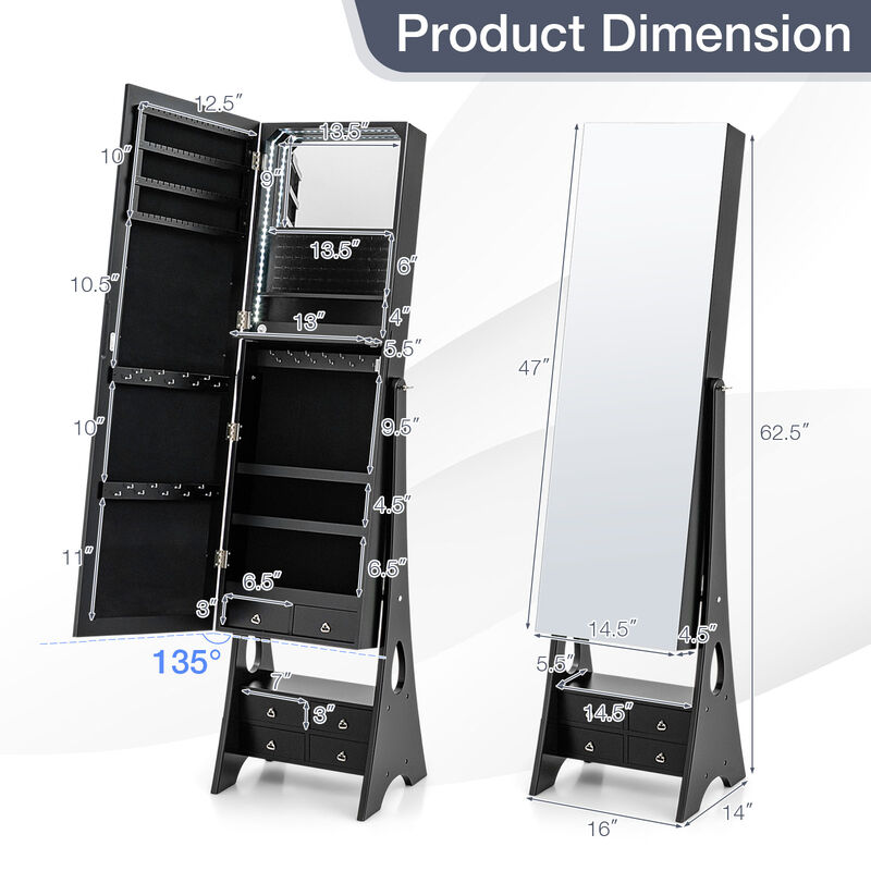 Freestanding Full Length LED Mirrored Jewelry Armoire with 6 Drawers