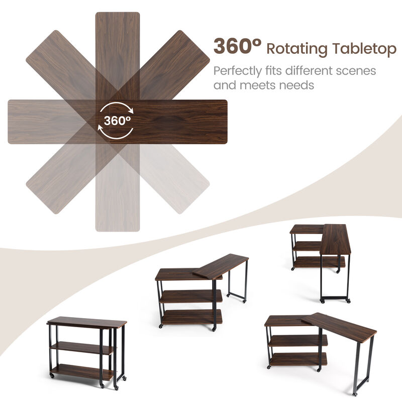 360� Rotating Sofa Side Table with Storage Shelves and Wheels