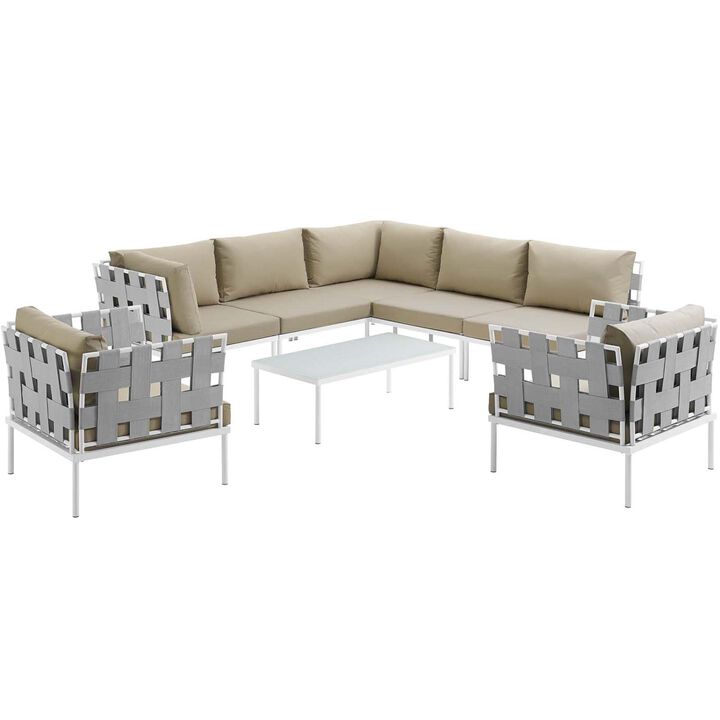 Harmony 8 Piece Outdoor Patio Aluminum Sectional Sofa Set - White Beige