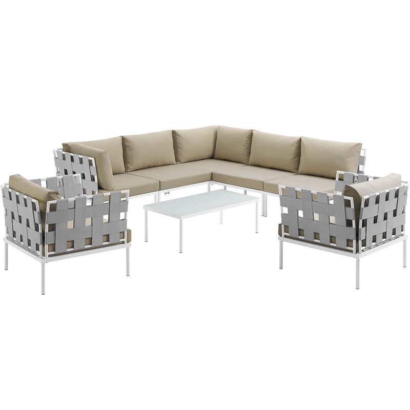 Harmony 8 Piece Outdoor Patio Aluminum Sectional Sofa Set - White Beige