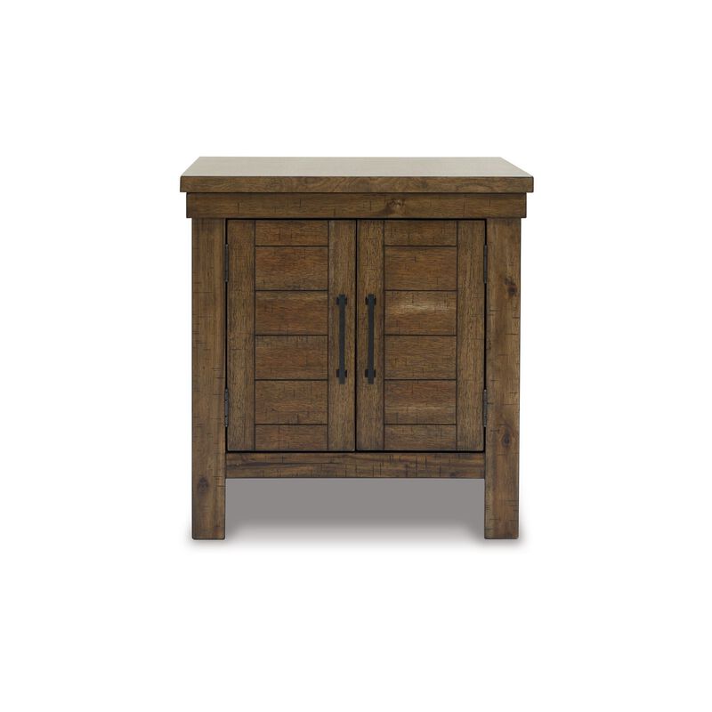 Chip Side End Table, Dual Door Cabinet, 26 Inch Rustic Brown Wood - Benzara