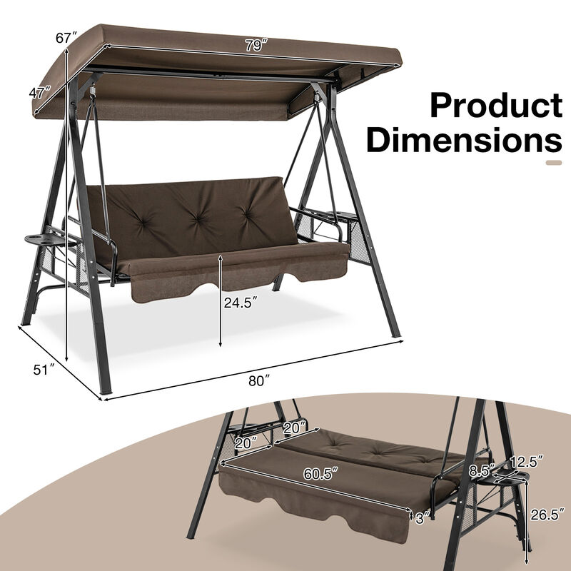 Convertible 3-Seat Patio Porch Swing Chair with Flat Bed and Adjustable Canopy