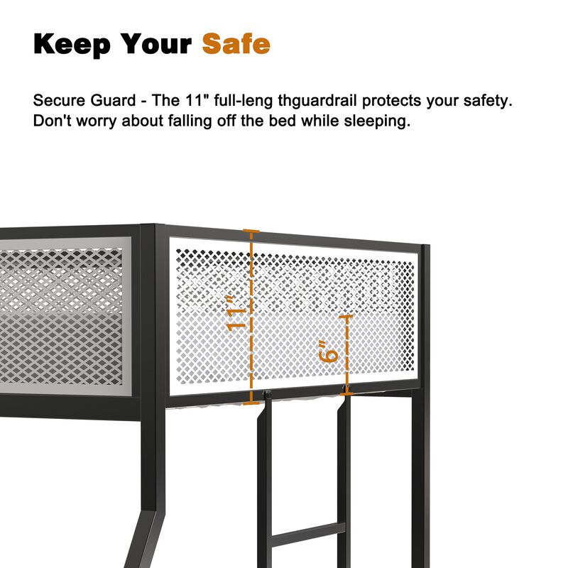 Twin Over Full Bunk Metal Bed Frame with Mesh Guard Rail, Removable Ladder, Noise-Reducing EVA Pad for Kids Bedrooms, Black
