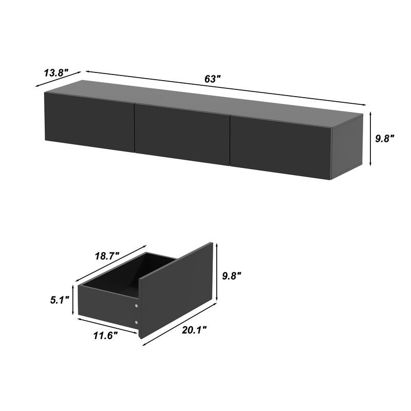FUFU&GAGA Modern Floating TV Stand with 3 Spacious Drawers, (63" W x 13.8" D x 9.8" H),White