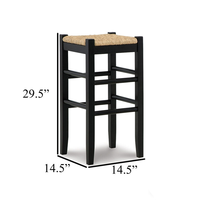 Anya Bar Height Stool, Woven Seagrass Seat, 30 Inch, Black Wood Frame - Benzara