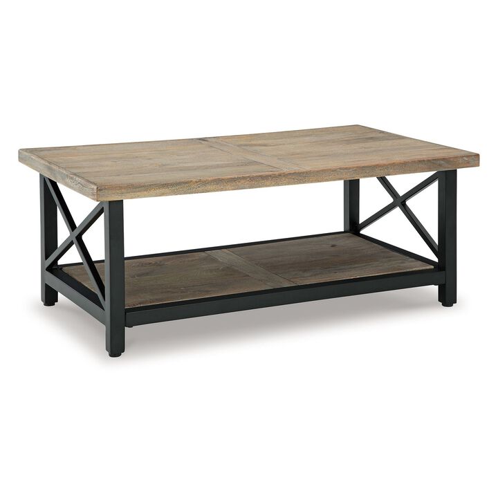 Sten Coffee Table, Rectangular Brown Mango Wood, 46 Inch Black Metal - Benzara
