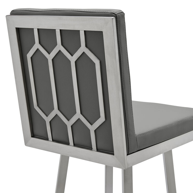 30 Inch Swivel Vegan Faux Leather Cushion Bar Stool, Gray-Benzara