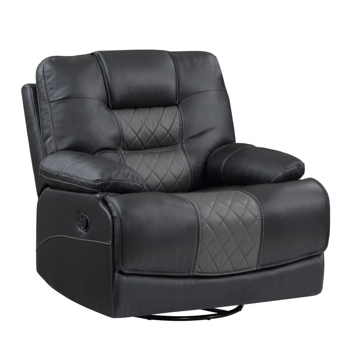 Liam 39 Inch Manual Swivel Glider Recliner Chair, Gray Faux Leather, Wood - Benzara