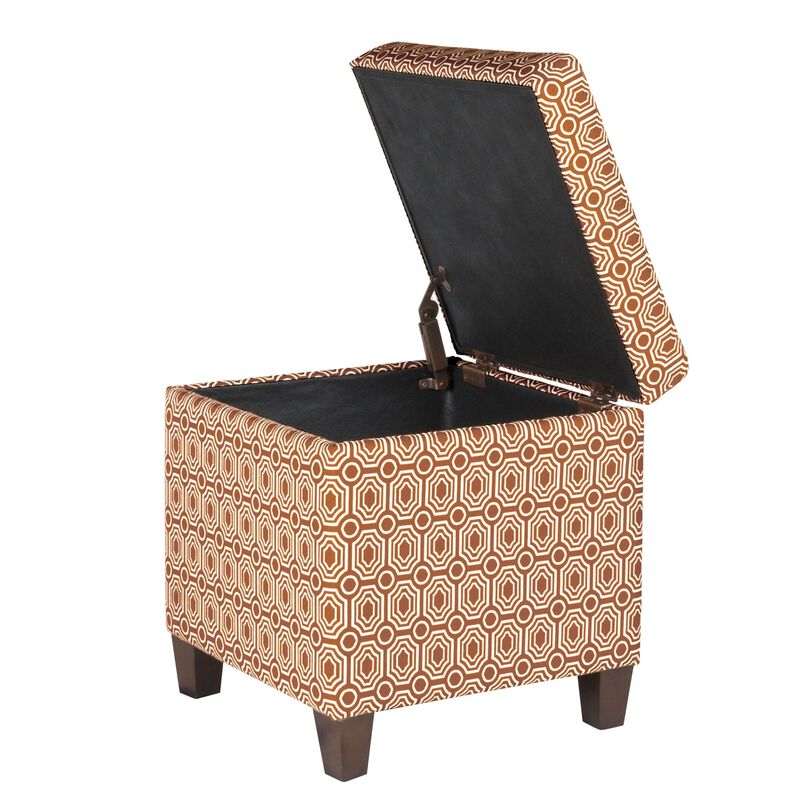 Geometric Patterned Square Wooden Ottoman with Lift Off Lid Storage, Orange and Cream - Benzara