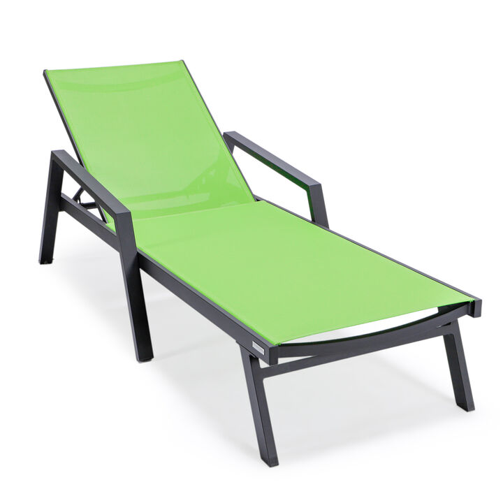 LeisureMod Marlin Patio Chaise Lounge Chair with Armrests – Black Aluminum Frame & Navy Blue Mesh for Outdoor Comfort