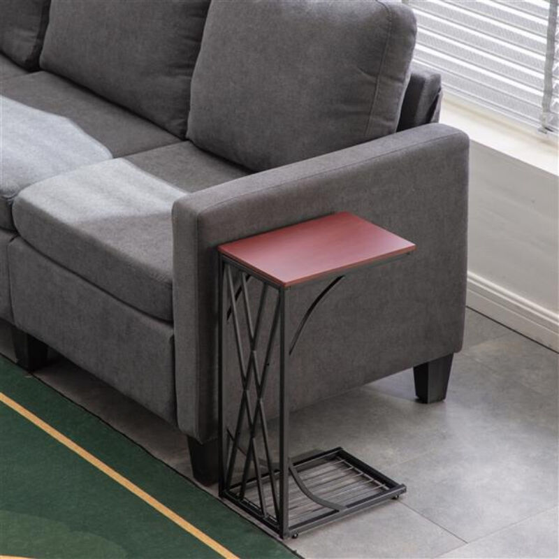 C-Type Coffee Table with Cross Line Brown Desktop, Modern Sofa Table for Living Room