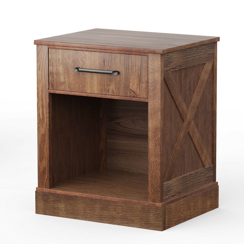 Compact Nightstand with Drawer and Open Compartment-Brown