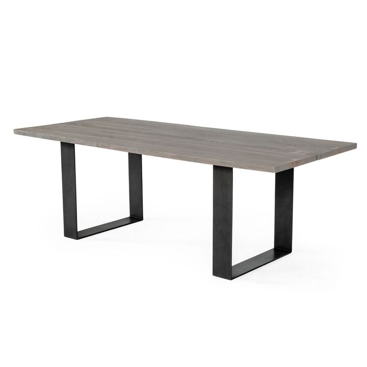 87 Inch Dining Table, Rectangular Top, Open Metal Panel, Gray Oak, Black - Benzara
