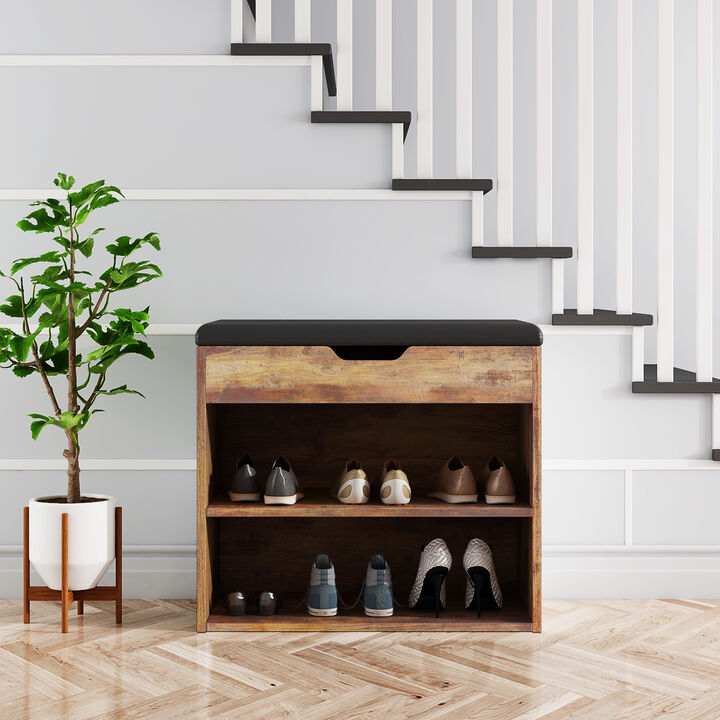 21.2 in. H x 24 in. W 6-Pair Shoes Brown Wood Shoe Storage Bench with Hidden Storage Compartment